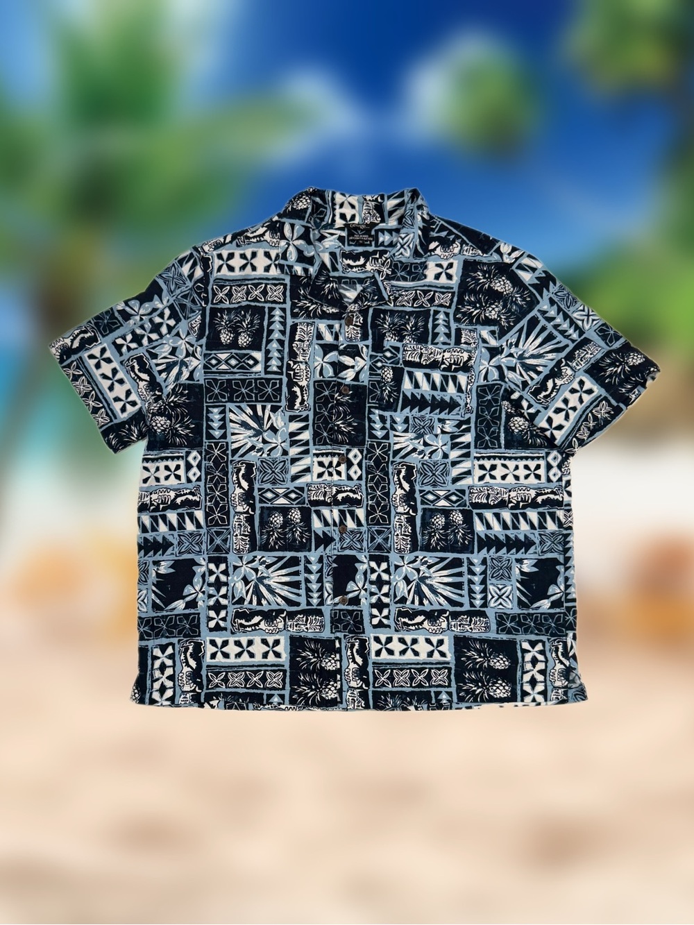 George Men’s Button-Up Shirt XL Blue Black White Geometric Relaxed Short Sleeve